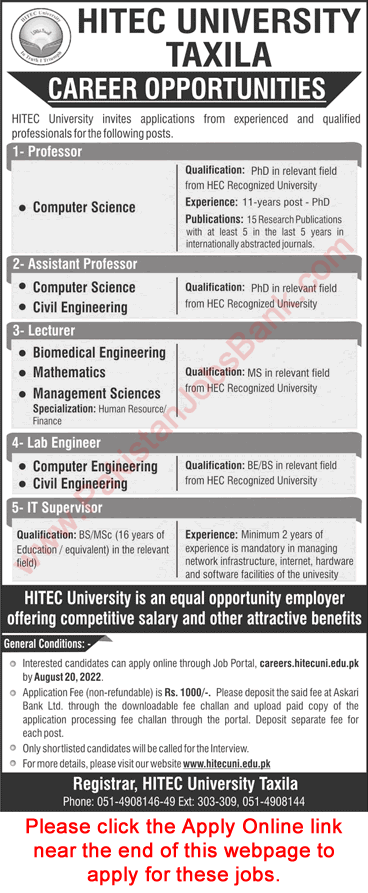 HITEC University Taxila Jobs August 2022 Apply Online Teaching Faculty & IT Supervisor Latest