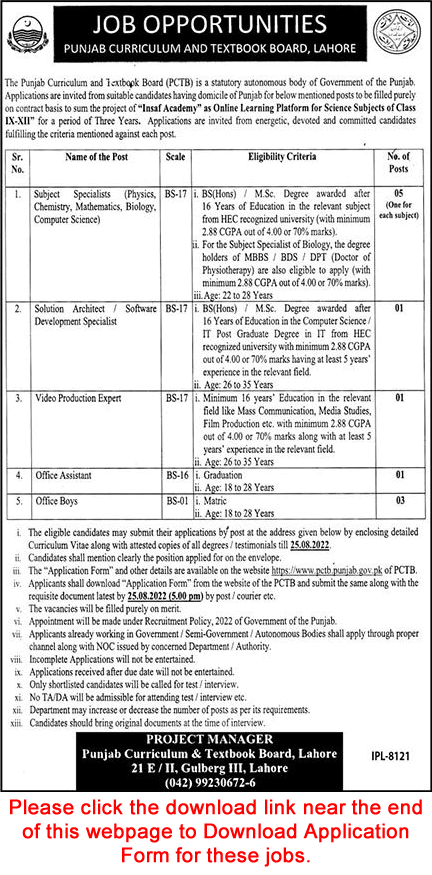 Punjab Curriculum and Textbook Board Lahore Jobs August 2022 PCTB Application Form Subject Specialists & Others Latest