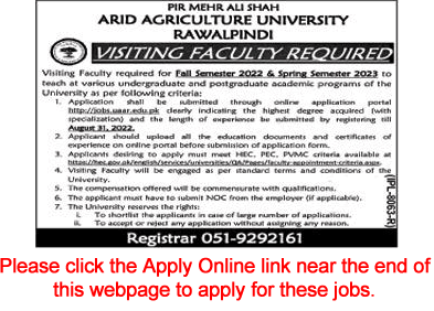 Teaching / Visiting Faculty Jobs in Arid Agriculture University Rawalpindi August 2022 Online Apply AAUR Latest