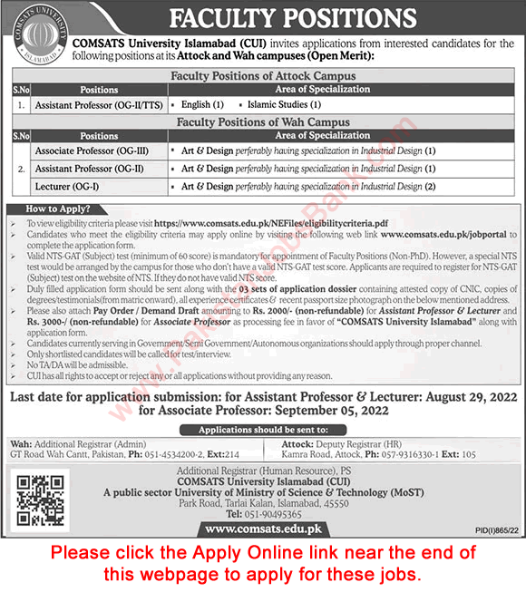 Teaching Faculty Jobs in COMSATS University August 2022 CUI Online Apply Latest