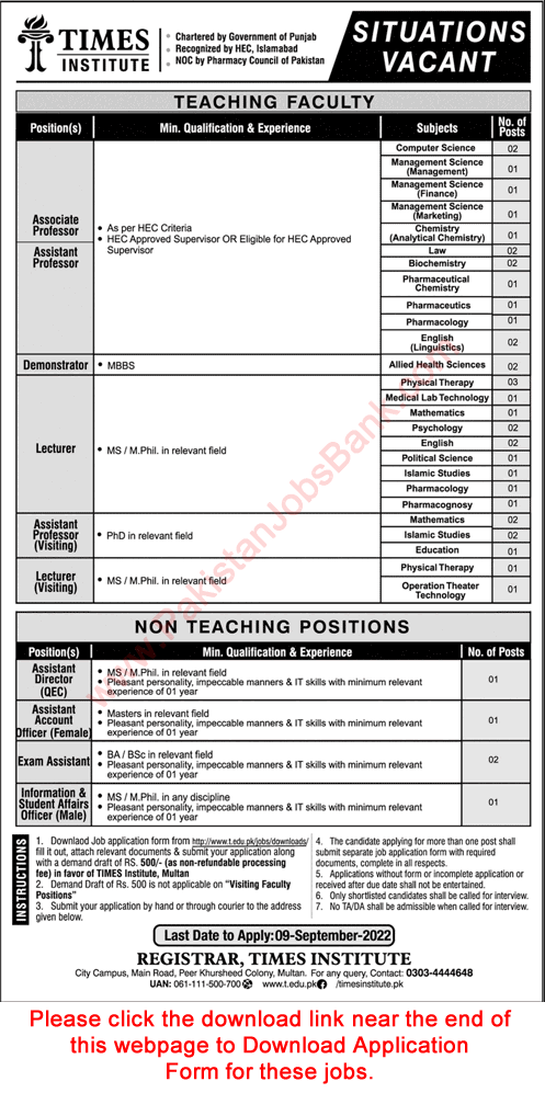 Times Institute Multan Jobs August 2022 Application Form Teaching Faculty & Others Latest