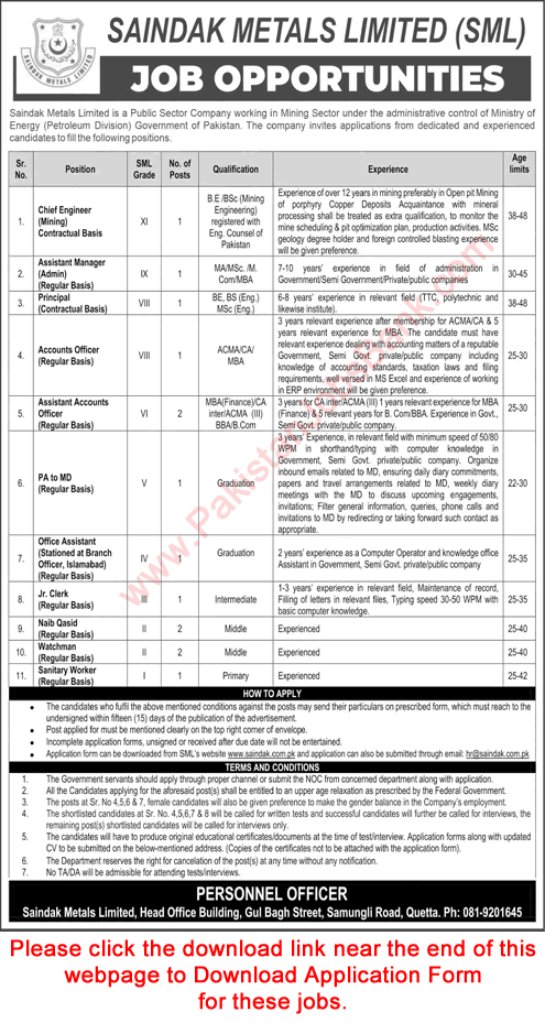 Saindak Metals Limited Jobs 2022 August Application Form Assistant Accounts Officers & Others Latest