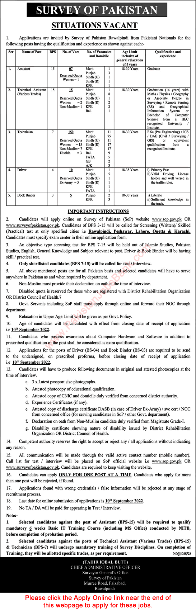 Survey of Pakistan Rawalpindi Jobs 2022 August Apply Online Technicians, Technical Assistants & Others Latest