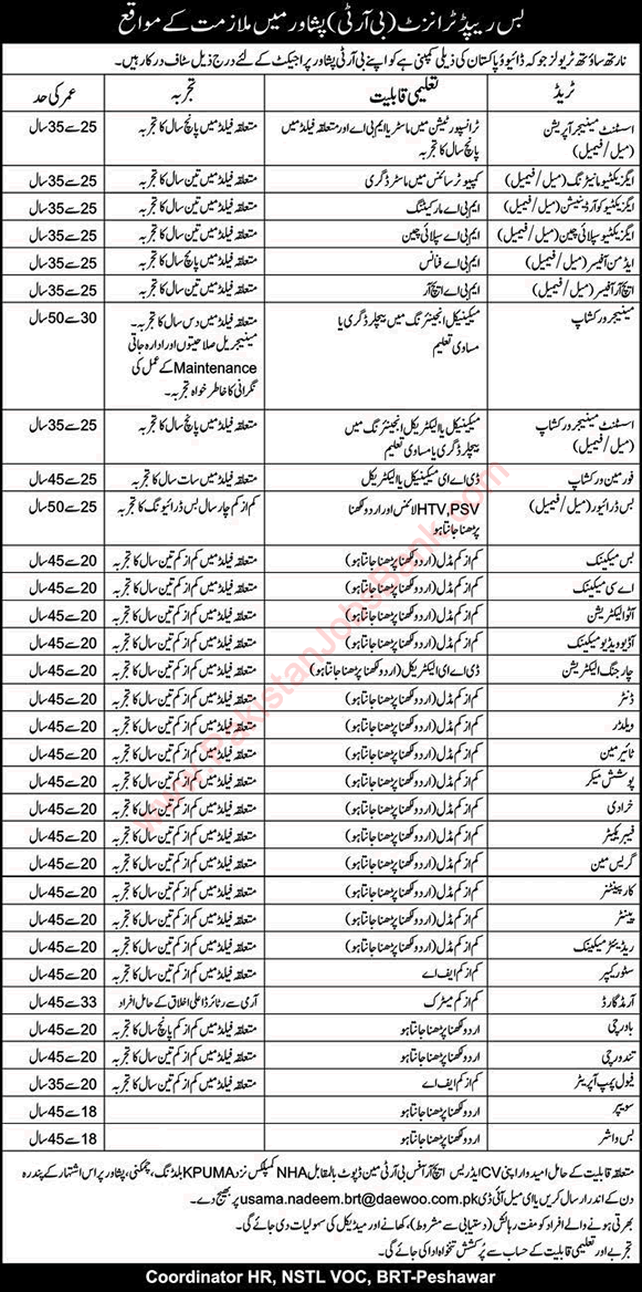 BRT Peshawar Jobs 2022 August Bus Rapid Transport North South Travelers Mechanics, Assistant Managers & Others Latest