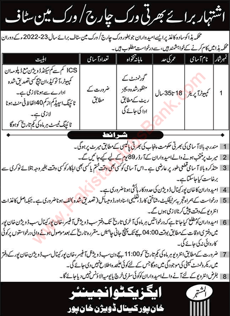Computer Operator Jobs in Canal Division Khanpur 2022 August Irrigation Department Latest