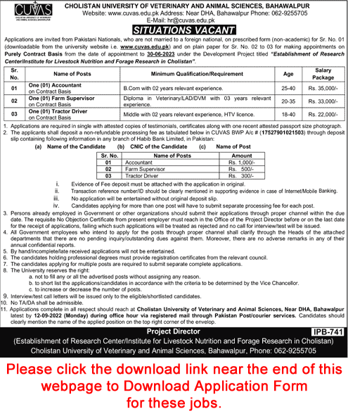 CUVAS Bahawalpur Jobs August 2022 Online Apply Cholistan University of Veterinary and Animal Sciences Latest