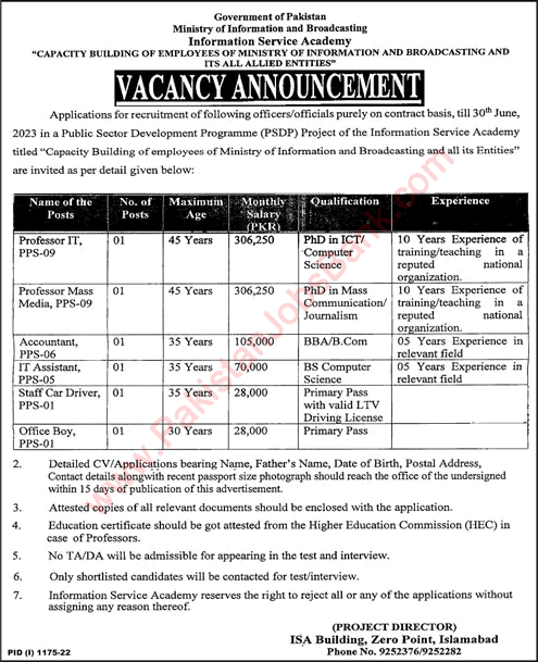 Ministry of Information and Broadcasting Islamabad Jobs August 2022 Accountants & Others Latest