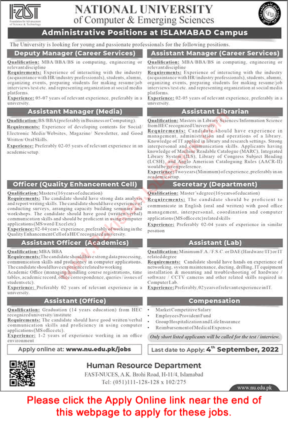 FAST National University Islamabad Jobs August 2022 Online Apply Assistants & Others NUCES Latest