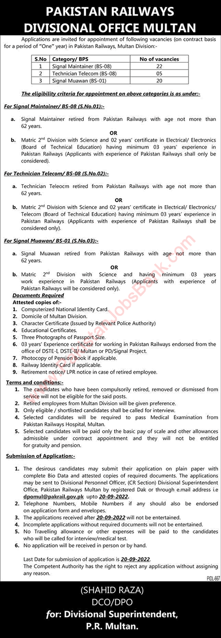 Pakistan Railways Jobs September 2022 Multan Division Signal Maintainers, Muawan & Telecom Technician Latest