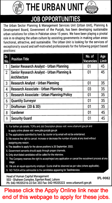 The Urban Unit Punjab Jobs September 2022 Apply Online Research Associates & Others Latest