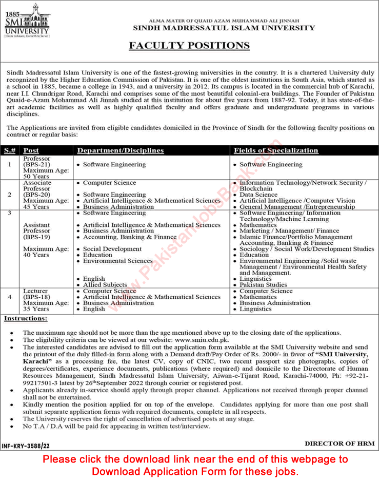 Teaching Faculty Jobs in Sindh Madressatul Islam University Karachi 2022 September SMIU Application Form Latest