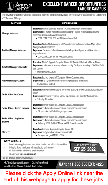 University of Lahore Jobs September 2022 UOL Apply Online Assistant Managers & Others Latest