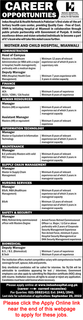 Indus Hospital Mianwali Jobs 2022 September Apply Online Mother and Child Hospital Managers & Others Latest