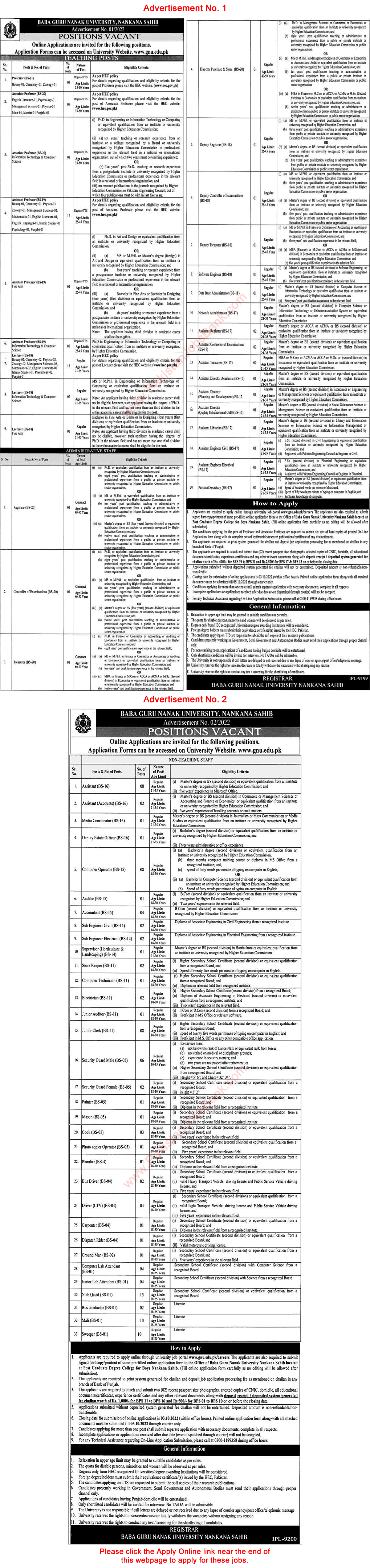 New Govt Jobs in Pakistan Today – Baba Guru Nanak University Jobs 2022