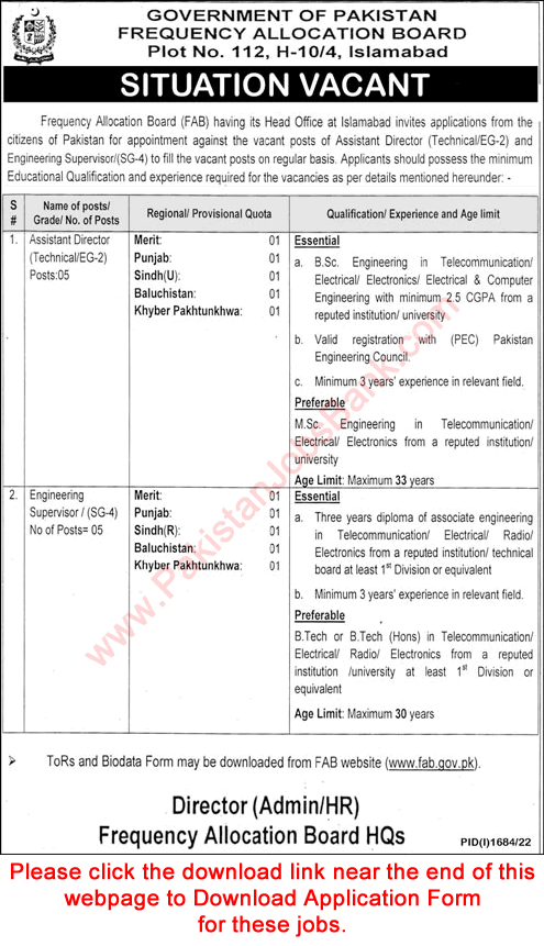 Frequency Allocation Board Jobs 2022 September Application Form FAB Assistant Directors & Supervisors Latest