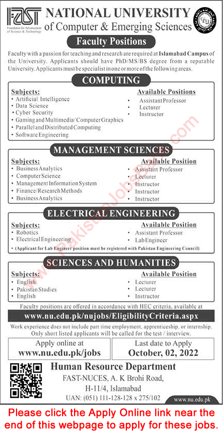 FAST National University Islamabad Jobs September 2022 Online Apply Teaching Faculty & Others Latest