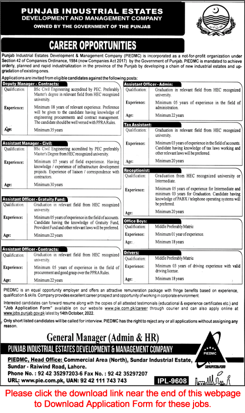 Punjab Industrial Estates Development and Management Company Jobs September 2022 PIEDMC Application Form Latest
