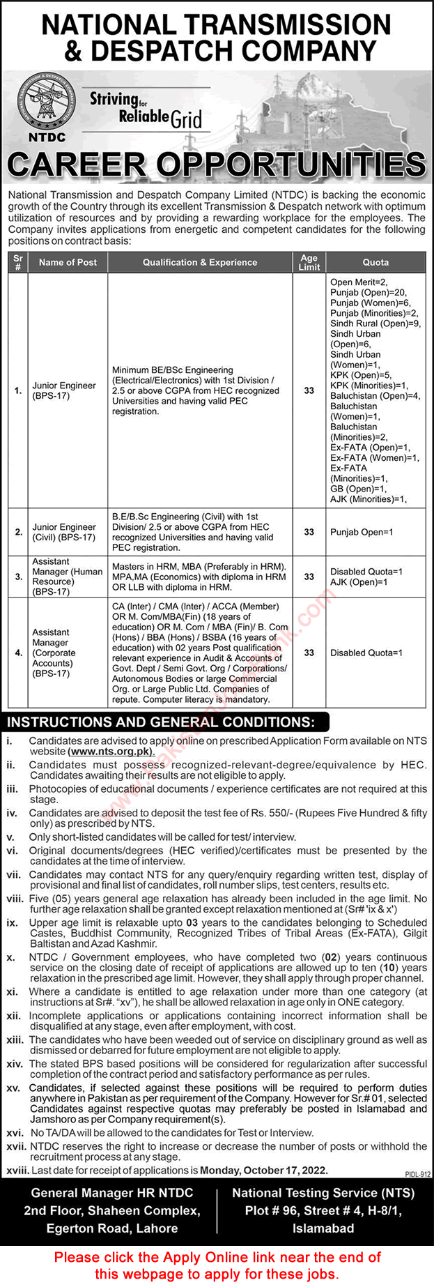 NTDC Jobs October 2022 Apply Online NTS Apply Online National Transmission and Despatch Company Limited Latest