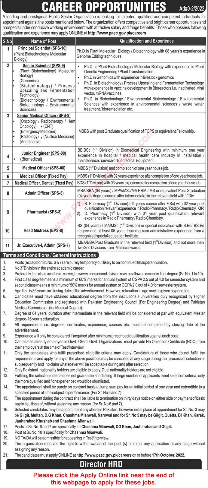 PAEC Jobs October 2022 Apply Online Medical Officers, Scientists & Others Latest
