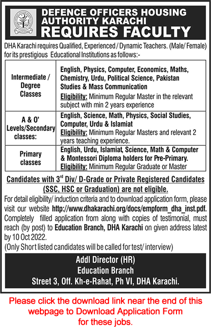 Teaching Faculty Jobs in DHA Karachi October 2022 Application Form Pakistan Defence Officers Housing Authority Latest