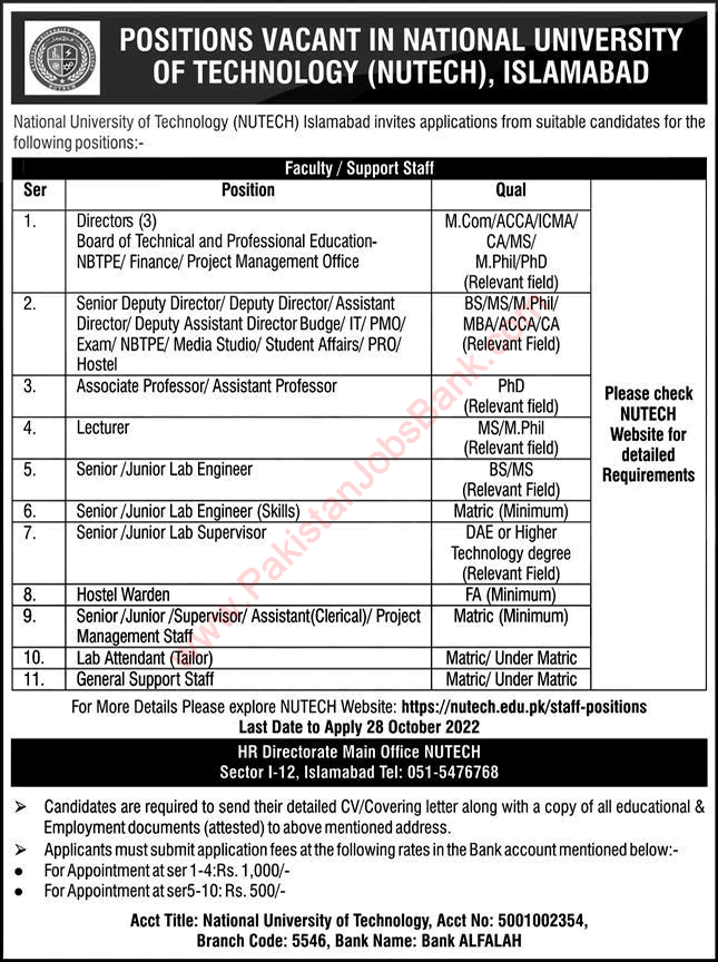 NUTECH University Islamabad Jobs October 2022 Assistant Directors & Others Latest