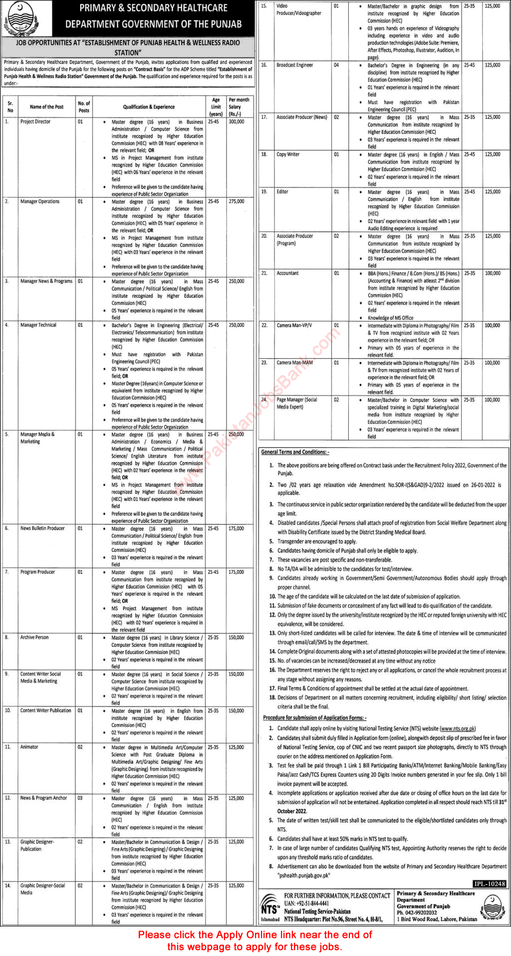 Primary and Secondary Healthcare Department Punjab Jobs October 2022 NTS Apply Online Latest
