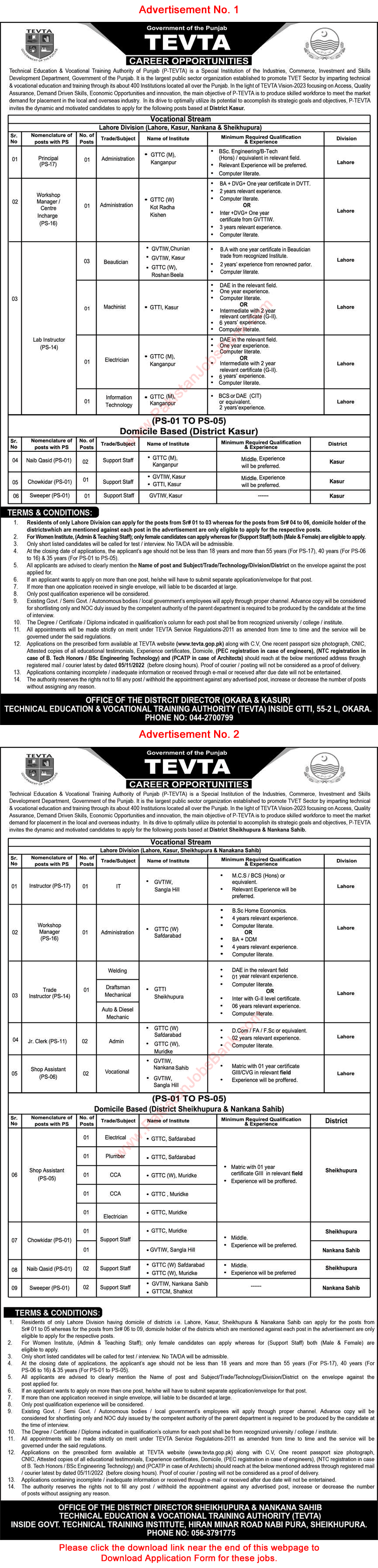 TEVTA Punjab Jobs October 2022 PTEVTA Application Form Instructors, Shop Assistants & Others Latest