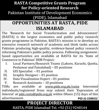 Pakistan Institute of Development Economics Jobs October 2022 PIDE RASTA Latest