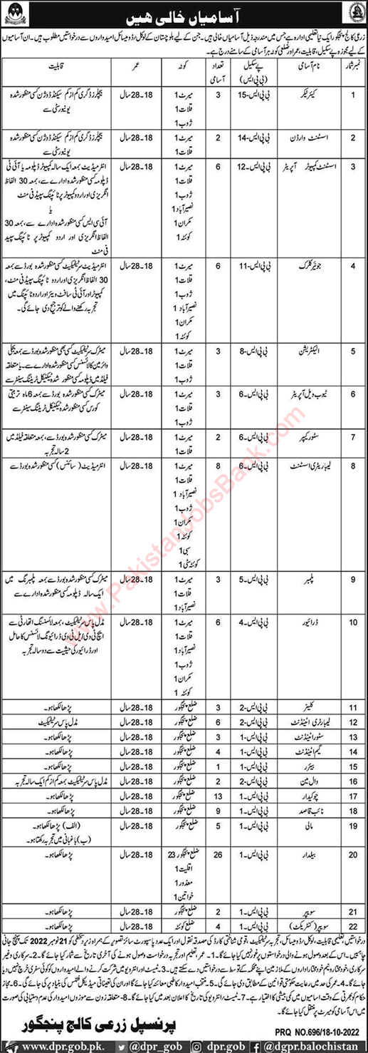 Agriculture College Panjgur Jobs 2022 October Beldar, Chowkidar, Naib Qasid & Others Latest
