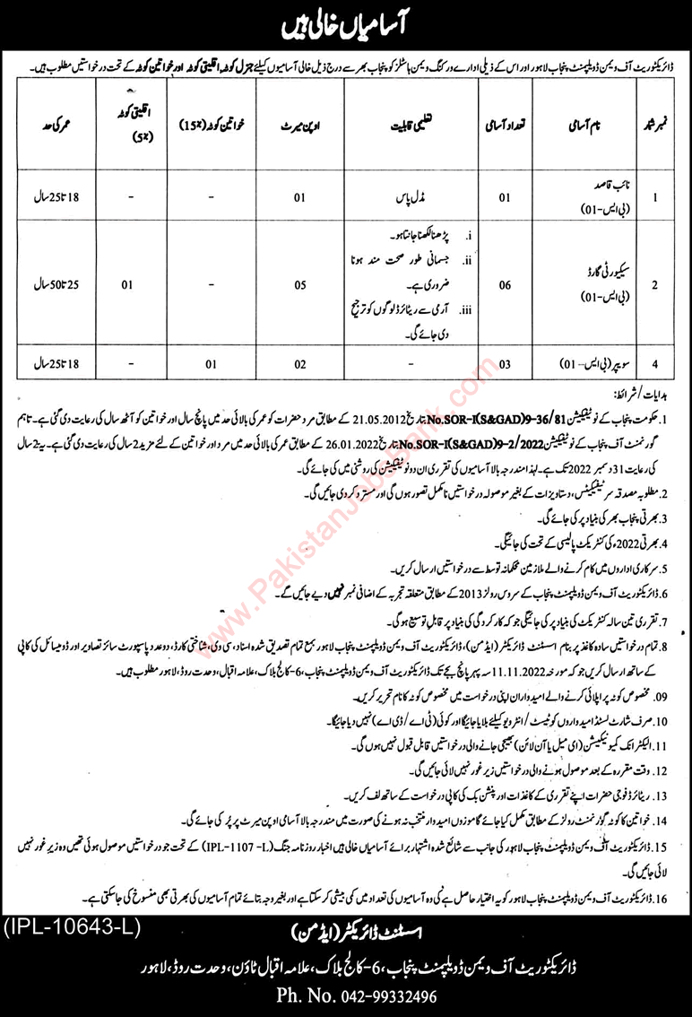 Directorate of Women Development Punjab Jobs 2022 October Security Guards, Sweepers & Naib Qasid Latest