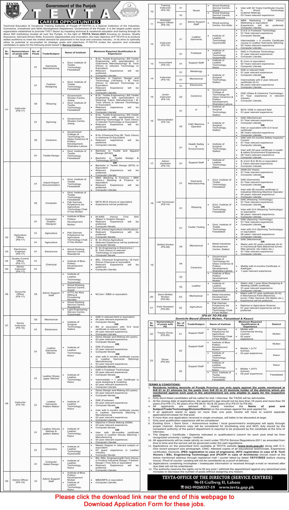 TEVTA Punjab Jobs October 2022 Application Form Instructors & Others Technical Education and Vocational Training Authority Latest