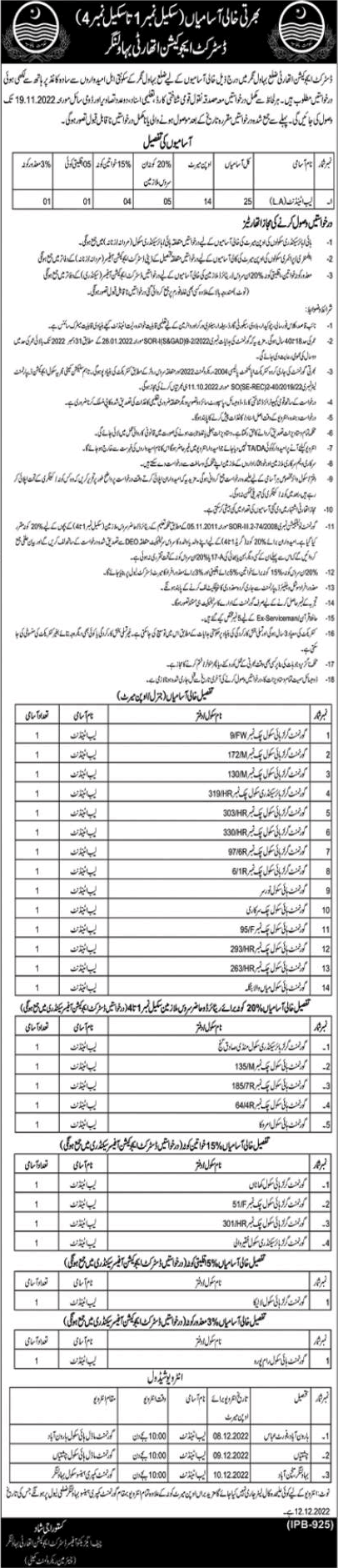 Lab Attendant Jobs in Education Department Bahawalnagar October 2022 District Education Authority Latest