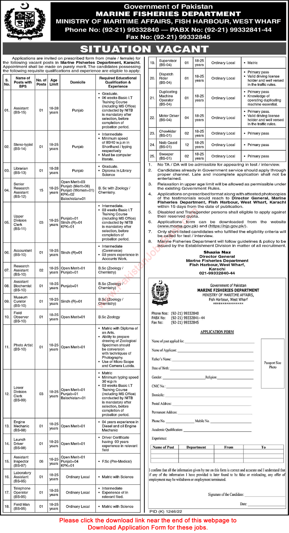Marine Fisheries Department Karachi Jobs 2022 November Application Form Research Assistants & Others Latest