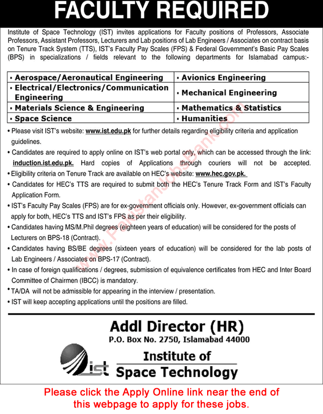 Institute of Space Technology Islamabad Jobs November 2022 Apply Online Teaching Faculty & Others IST Latest