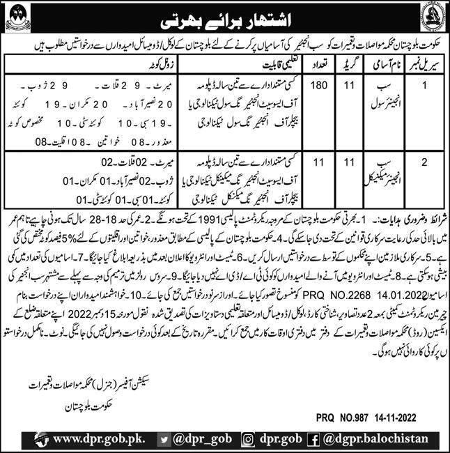 Sub Engineer Jobs in Communication and Works Department Balochistan November 2022 Latest