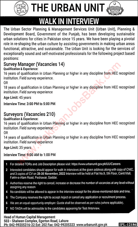 The Urban Unit Punjab Jobs November 2022 Walk in Interview Surveyors & Others Latest