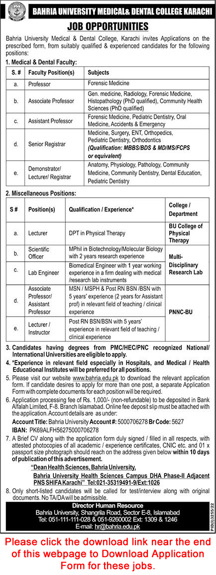 Bahria University Medical and Dental College Karachi Jobs 2022 November Application Form Latest