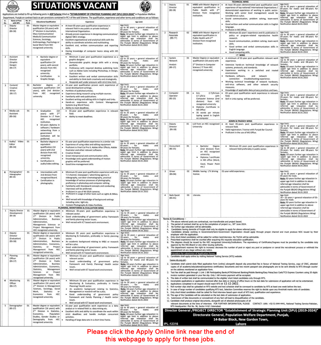Population Welfare Department Punjab Jobs November 2022 NTS Apply Online Planning / Monitoring Officers & Others Latest