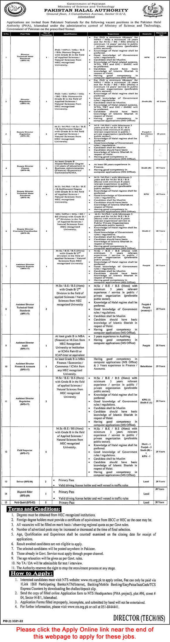 Pakistan Halal Authority Jobs 2022 November / December NTS Apply Online Assistant Directors & Others Latest
