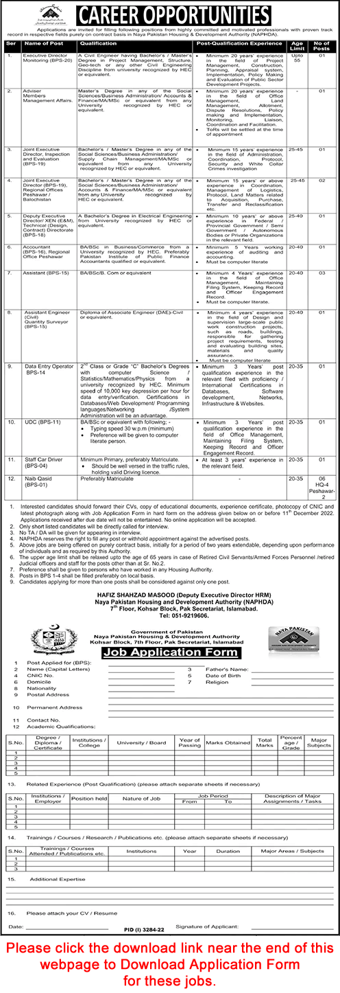 Naya Pakistan Housing and Development Authority Jobs November 2022 December Application Form NAPHDA Latest