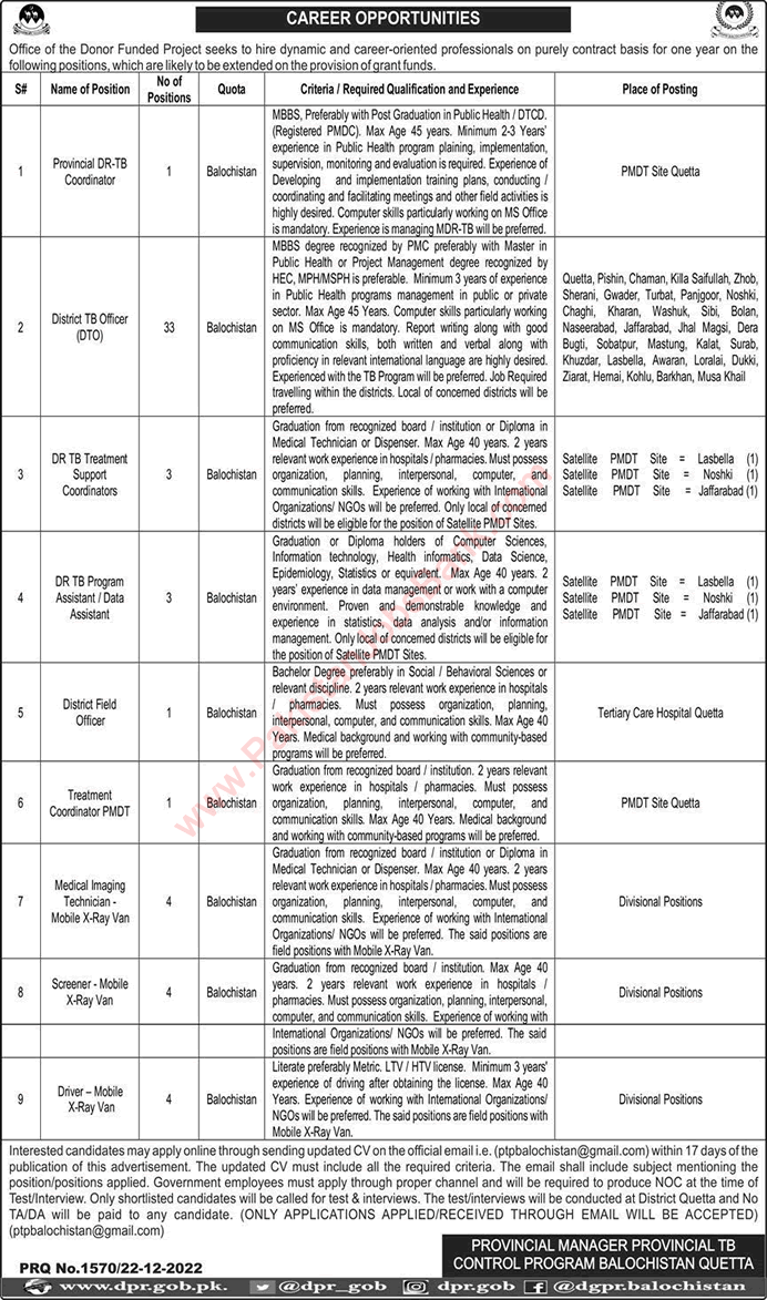 Provincial TB Control Program Balochistan Jobs December 2022 District TB Officers & Others Latest