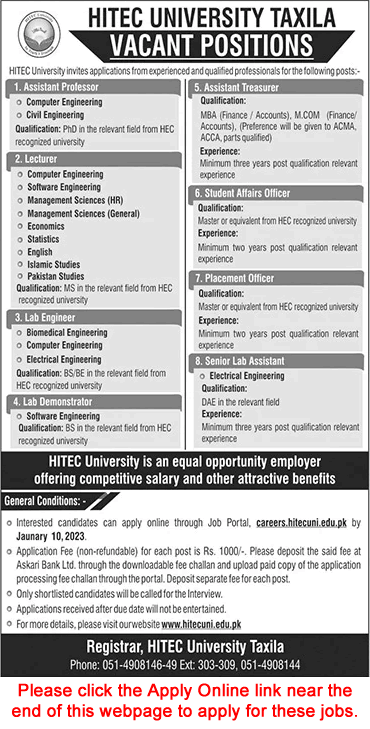 HITEC University Taxila Jobs December 2022 Online Apply Teaching Faculty & Others Latest
