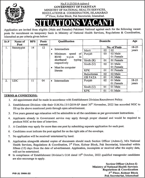 Ministry of National Health Services Regulations and Coordination Islamabad Jobs December 2022 Stenotypists & Clerks Latest