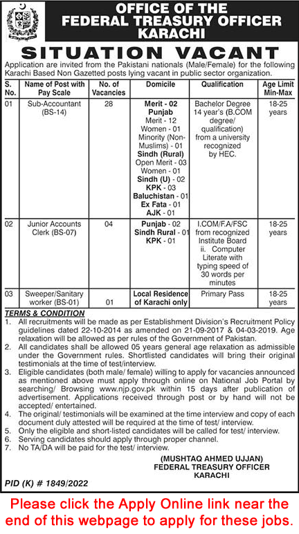 Federal Treasury Office Karachi Jobs 2023 Apply Online Sub Accountant & Others Latest