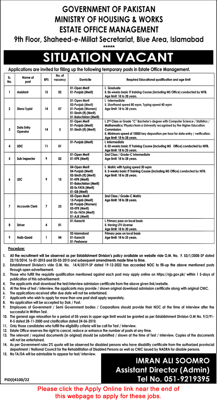 Ministry of Housing and Works Jobs 2023 Apply Online Accounts Clerks & Others Latest