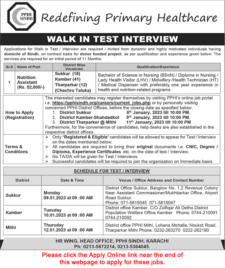 Nutrition Assistant Jobs in PPHI Sindh 2023 January Online Apply Walk in Test / Interview Latest
