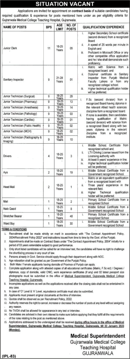 Gujranwala Medical College Jobs 2023 Medical Technicians, Stretcher Bearers, Ward Boys & Other Latest