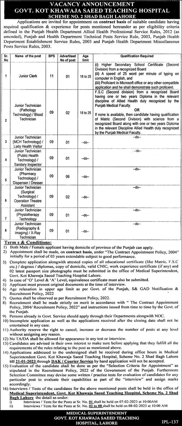 Government Kot Khawaja Saeed Teaching Hospital Lahore Jobs 2023 Medical Technicians & Clerk Latest