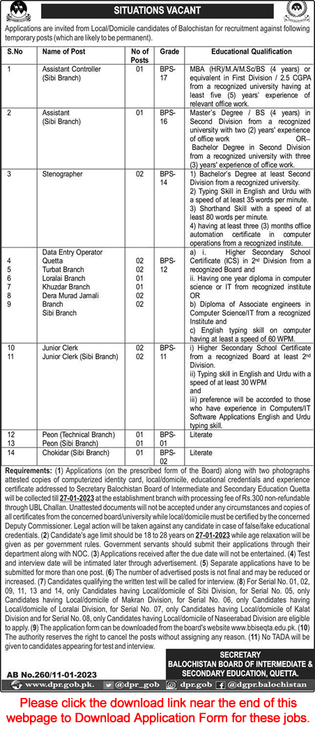BISE Balochistan Jobs 2023 Application Form Board of Intermediate and Secondary Education Latest