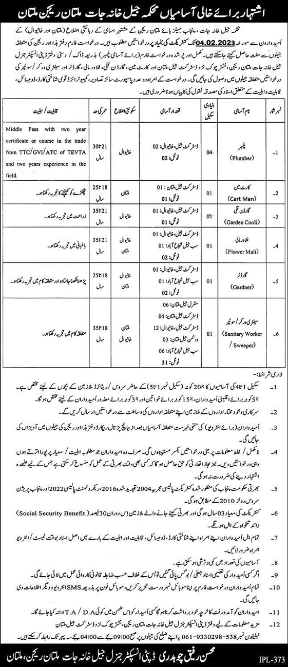 Prison Department Multan Jobs 2023 Sanitary Workers & Others Latest